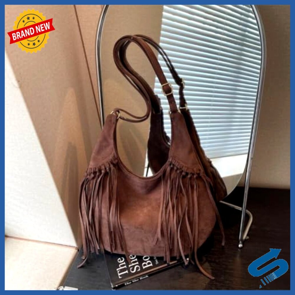 Suede Fringe Hobo Bag Boho Chic Shoulder Purse Tassel Bucket Crossbody - Picture 3 of 6